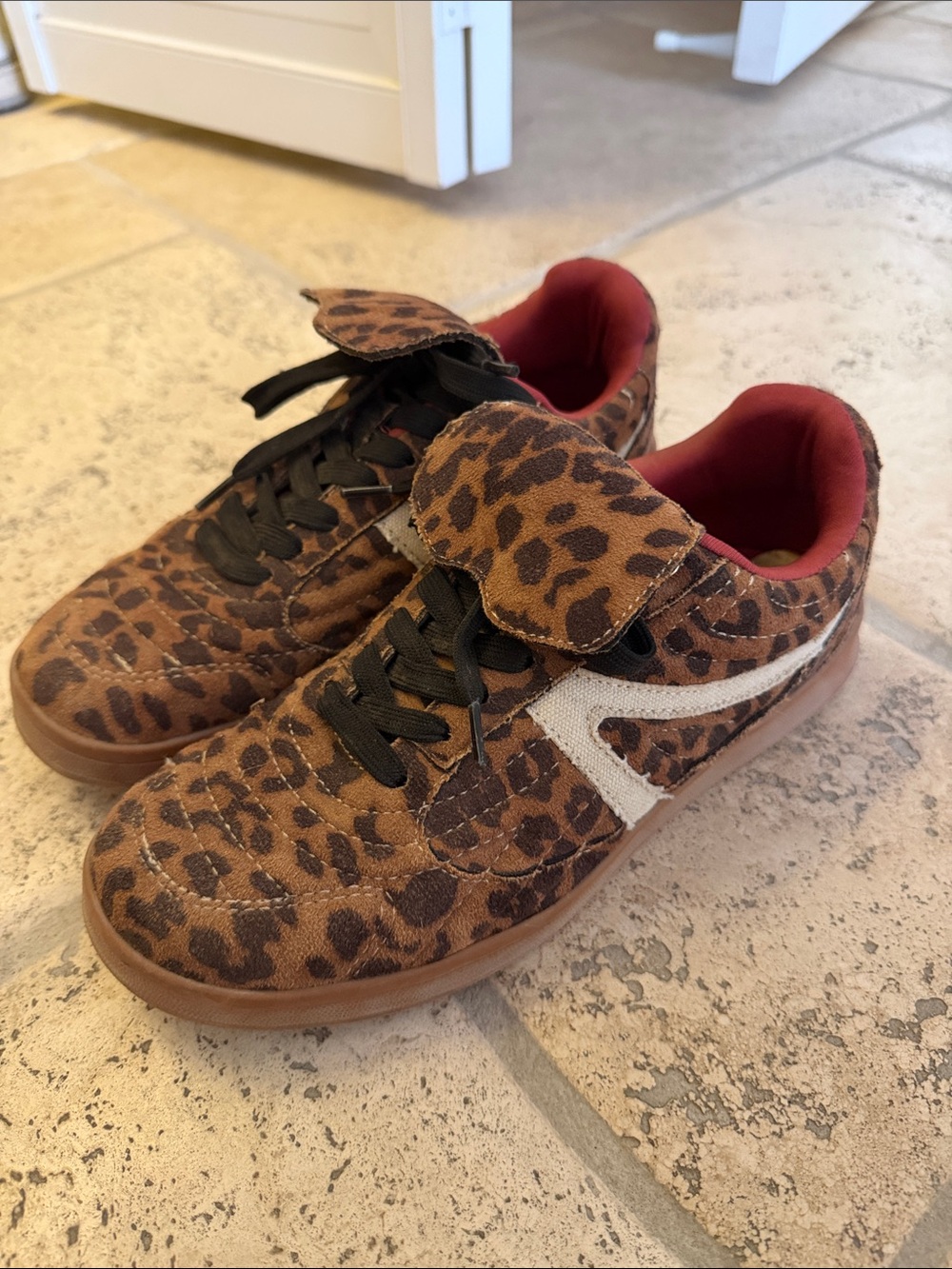 Kids Leopard Print Velcro Sneakers in Brown with Red Lining